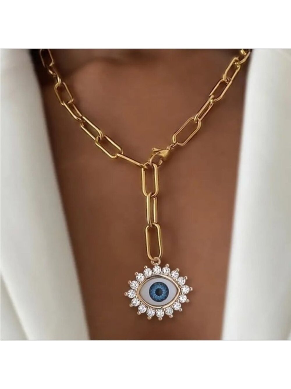 Vintage Inspired Gold Evil Eye Paperclip Rhinestone Chain Necklace